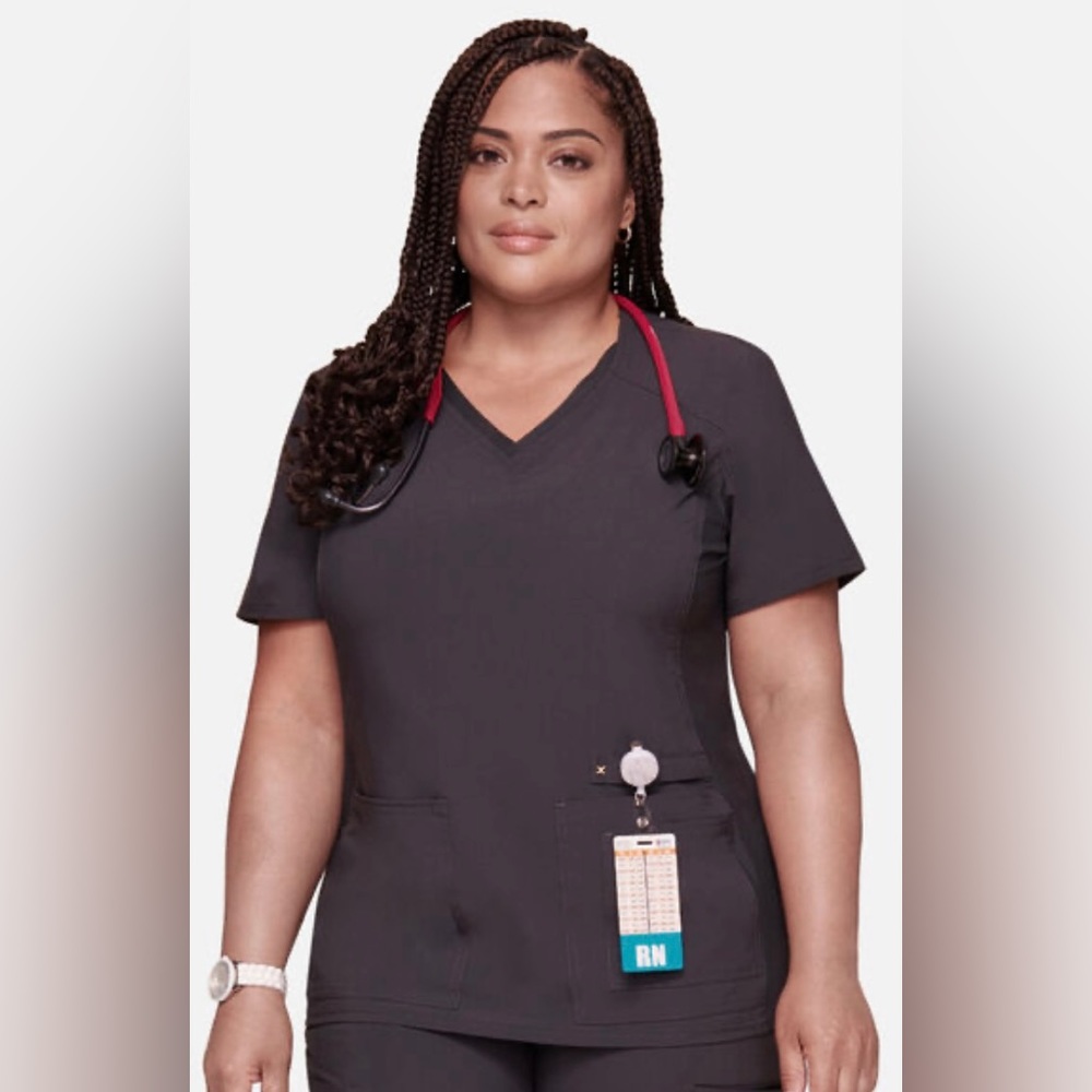 CHEROKEE - V-Neck Knit Panel Scrub Top PEWTER GRAY